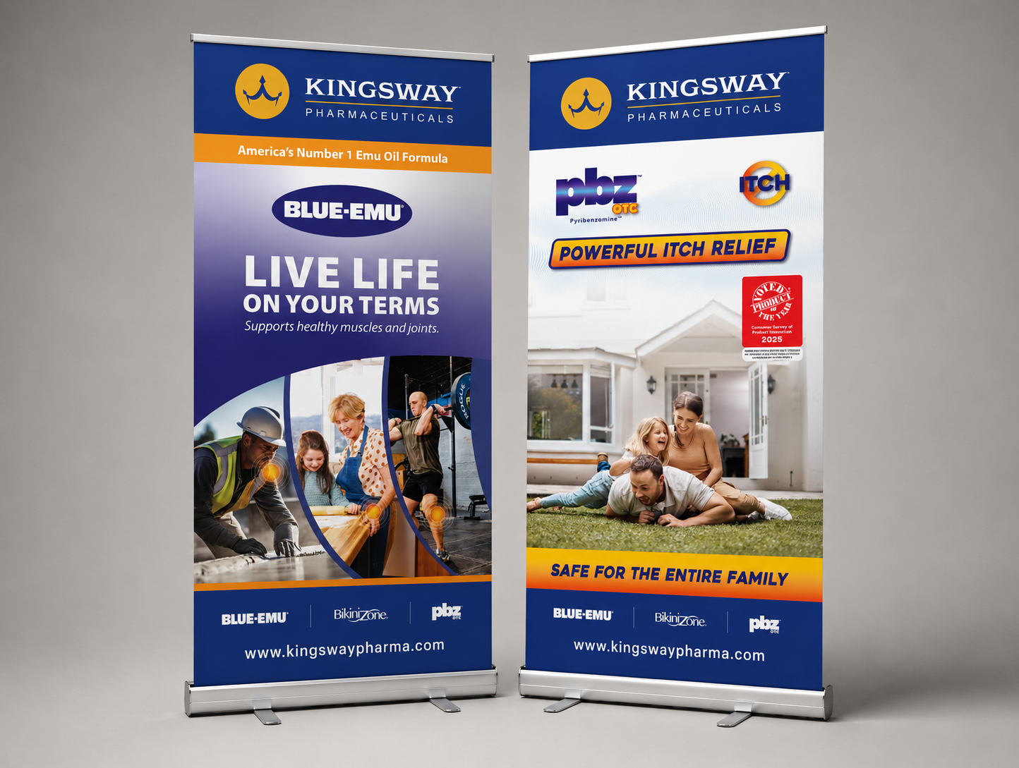 Kingsway Pharmaceuticals roll-up banner stands — Blue-Emu and PBZ side by side